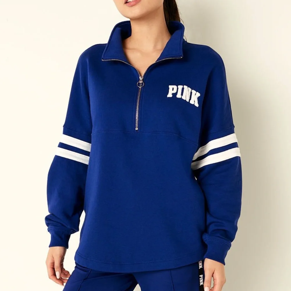 Victoria's Secret PINK Fleece Oversized Quarter-Zip Sweatshirt Ensign Blue L NEW - Picture 1 of 4